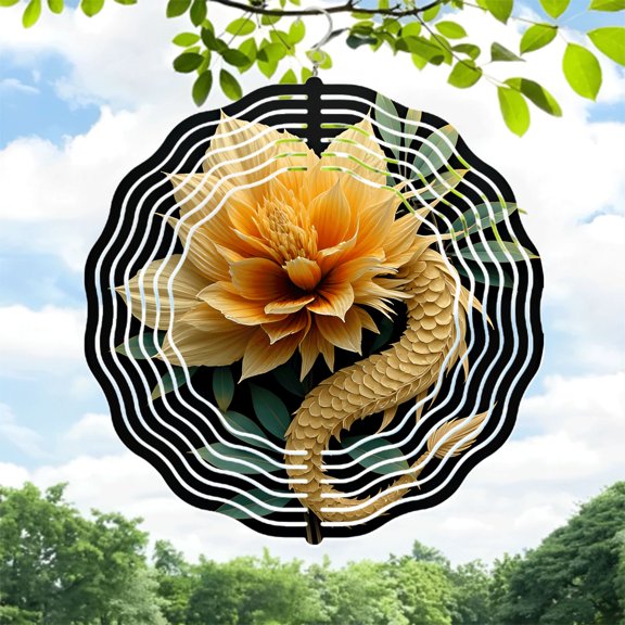 Vibrant Golden Flower Metal Wind Spinner with Black Circular Pattern & White Lines Dragon Design for Yard & Garden Decor