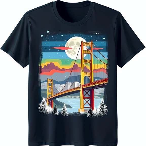 Vibrant Golden Gate Bridge Sunset Design on Dark Blue T-Shirt for Men