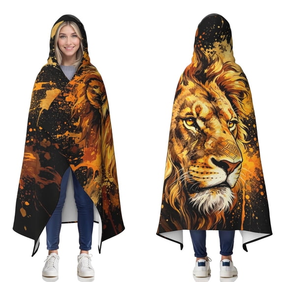 Vibrant Golden Lion Wearable Blanket Hoodies for Women Men Adults Soft Warm Paint Splatter Cool Lions Hooded Blankets for Sofa Bed Decor 50x60 Inch