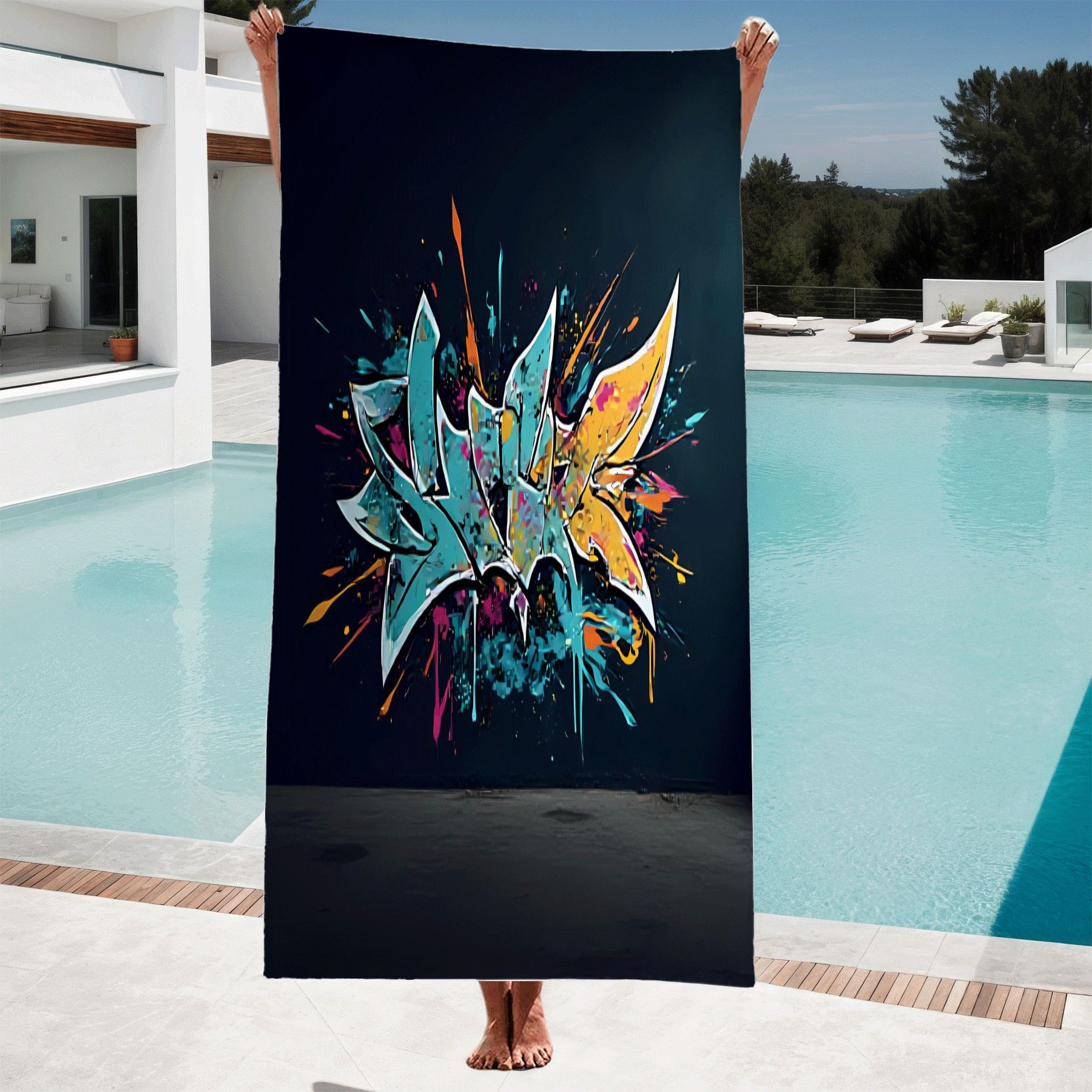 Vibrant Graffiti Pattern Beach Towel - Bold Blue Teal & Orange Design ...