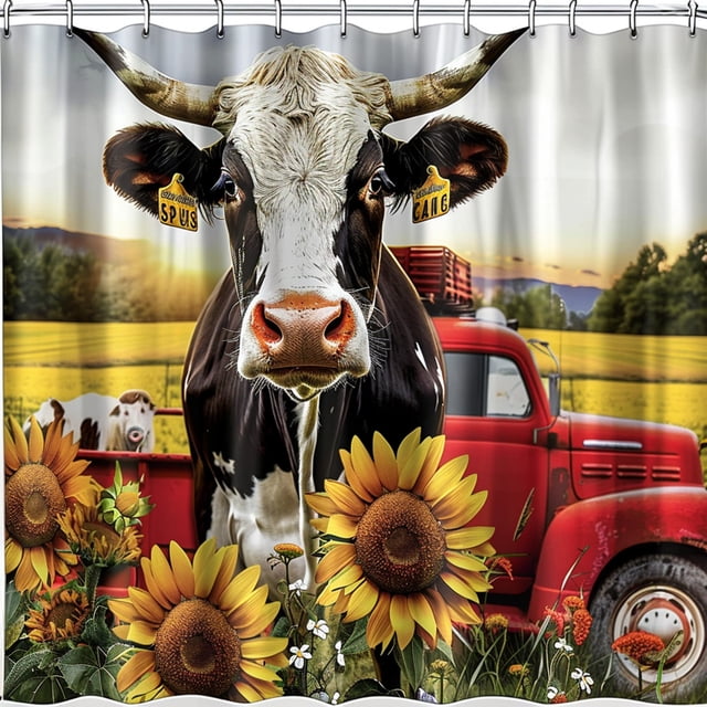 Vibrant Granny Cow & Red Truck Sunflower Shower Curtain BSENTI Style