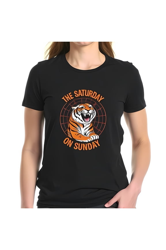 Vibrant Graphic Black Cotton T-Shirt with Snarling Tiger Design - " THE SATURDAY ON SUNDAY " - Short Sleeve Tee