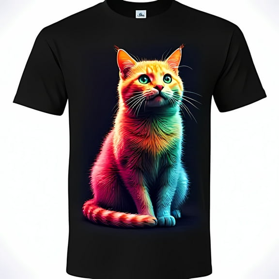 Vibrant Graphic Black T-Shirt Colorful Cat Design Tee