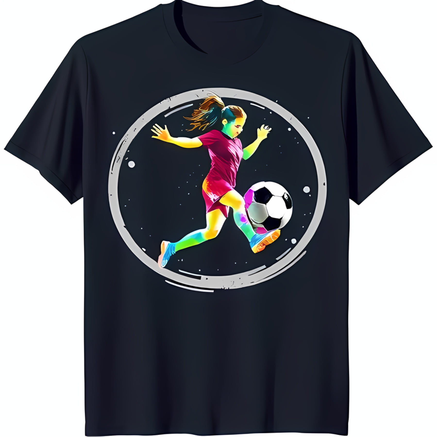 Vibrant Graphic Black TShirt Featuring Young Woman Kicking Soccer Ball in Mid Air