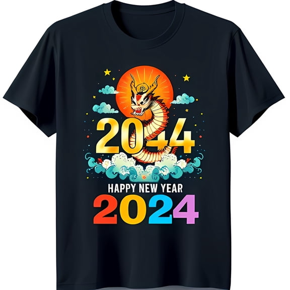 Vibrant Graphic Black T-Shirt with 2024 Design Happy New Year