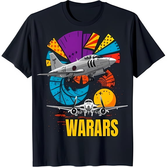 Vibrant Graphic Black T-Shirt with Colorful Airplanes & Abstract Design 'WARARS'