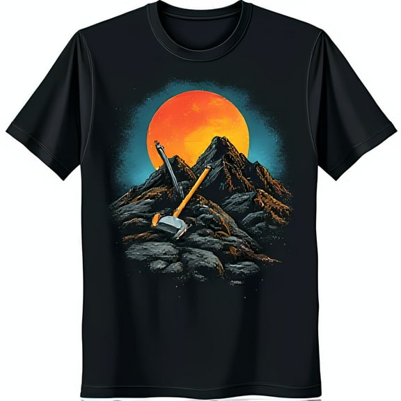 Vibrant Graphic Black T-Shirt with Glowing Moon Mountain Peaks & Crossed Shovels