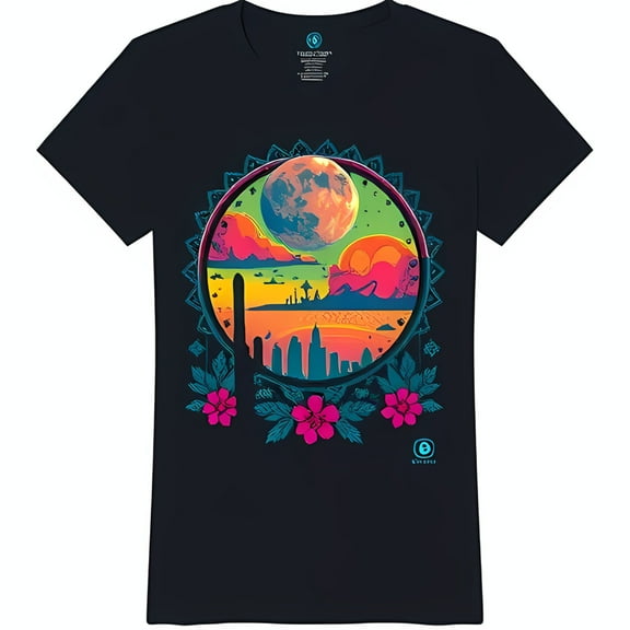 Vibrant Graphic Black T-Shirt with Glowing Moon Sunset & Cityscape Design