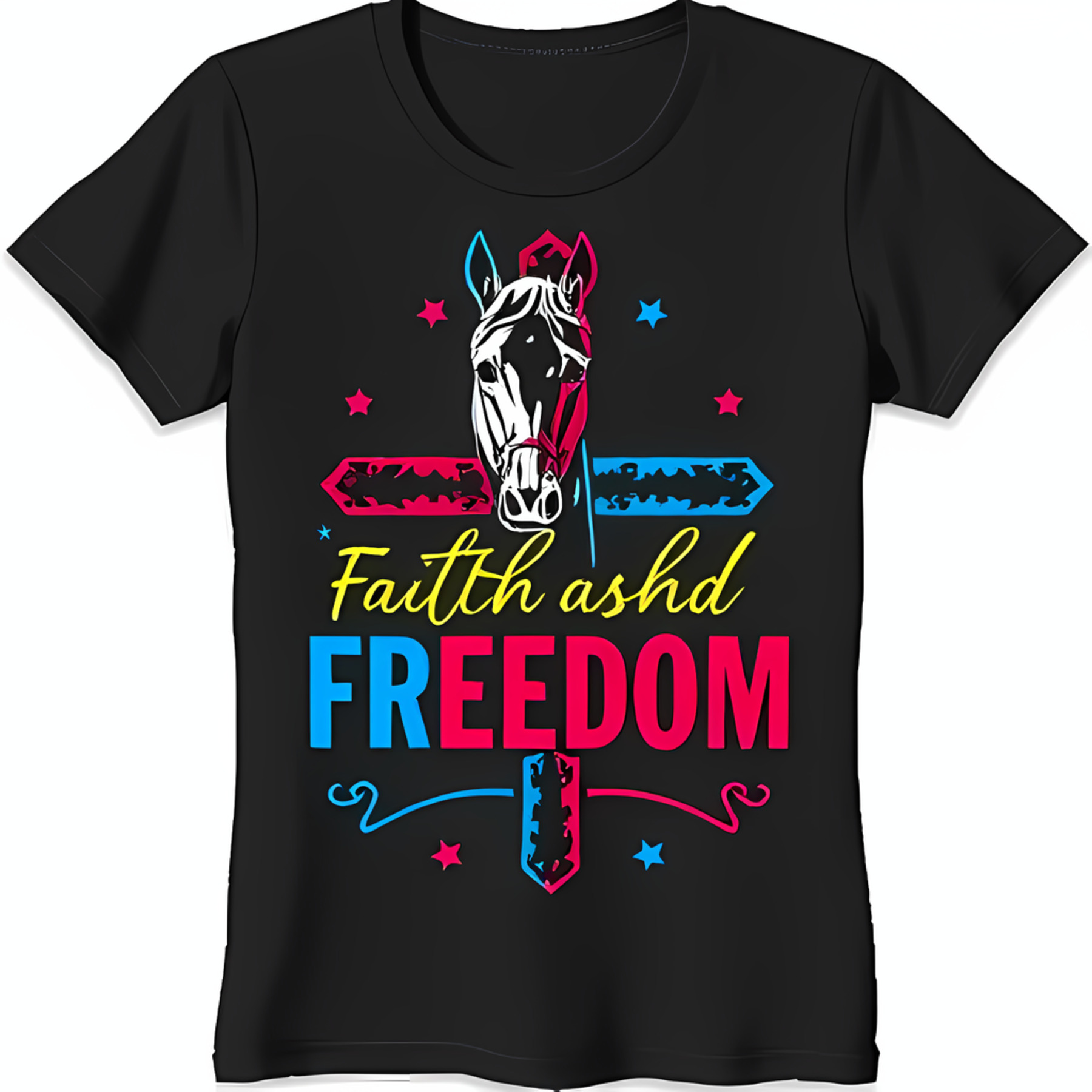 Vibrant Graphic Black TShirt with Horse Head Stars and 'Faith and