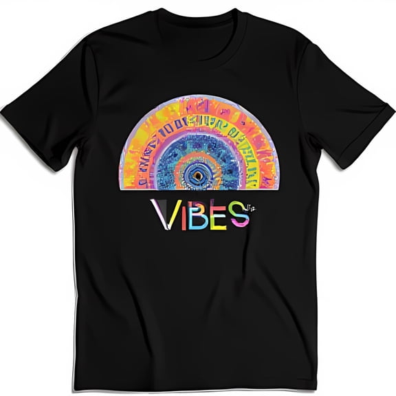 Vibrant Graphic Black T-Shirt with 'VIBES' Text Design