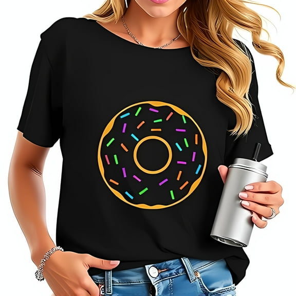 Vibrant Graphic Chocolate Donut T-Shirt for Women - Fun Short Sleeve Cotton Tee with Colorful Sprinkles Design