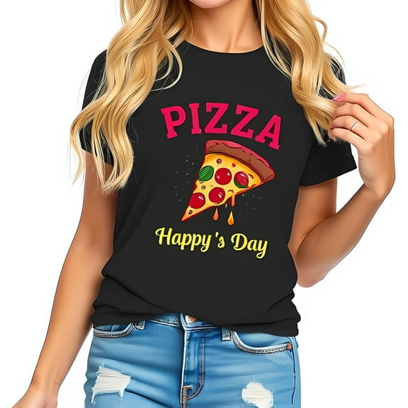 Vibrant Graphic Cotton Short Sleeve T-Shirt - Bold Pink 'PIZZA' with Cheese Dripping & Cheerful 'Happy's Day' Design