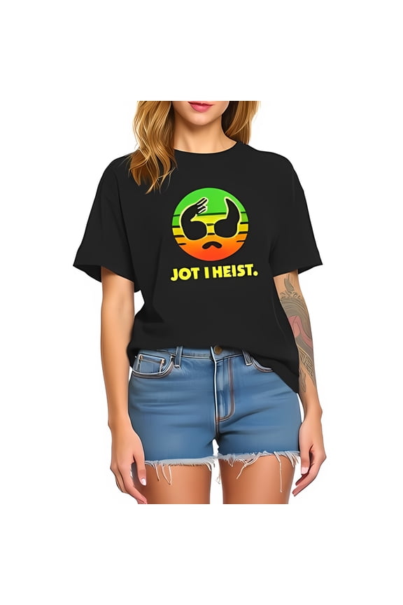 Vibrant Graphic Cotton Short Sleeve T-Shirt with Exasperated Expression & " JOT I HEIST " Text