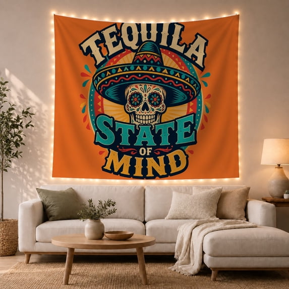 Vibrant Graphic Solid With Orange Heart Sugar Skull, Spooky Gothic for Gothic Decor Fans, Dark Art Decor, Halloween Gift, Tapestry Wall Hanging for Bedroom and Dorm