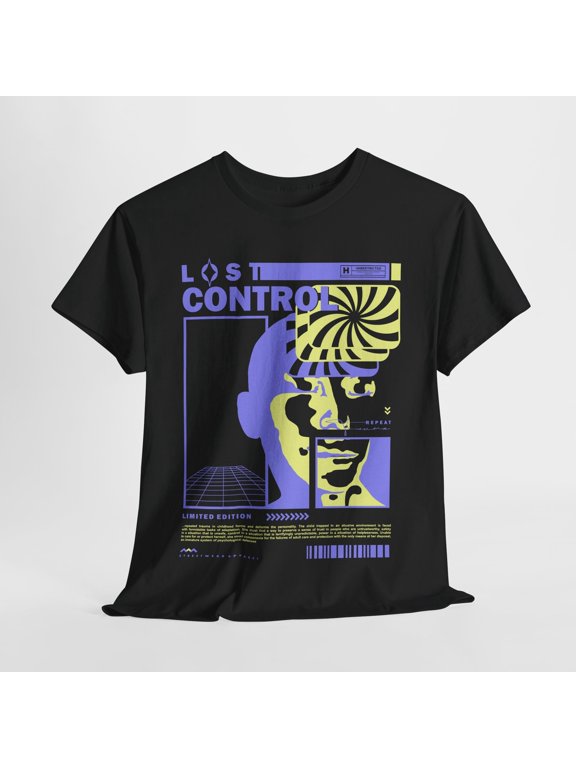 Vibrant Graphic T-Shirt Design Featuring 'LOST CONTROL' with Surreal Elements