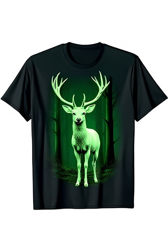 Vibrant Green Deer Graphic T-Shirt Mystical Forest Design on Black Tee