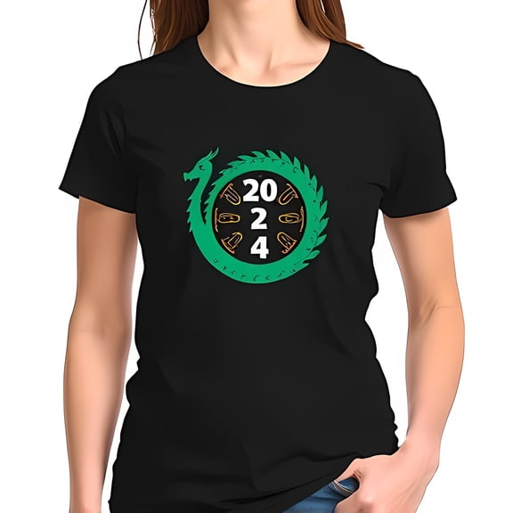 Vibrant Green Dragon 2024 T-Shirt - Mythical Design on Black Tee Casual Fit for Fantasy Lovers
