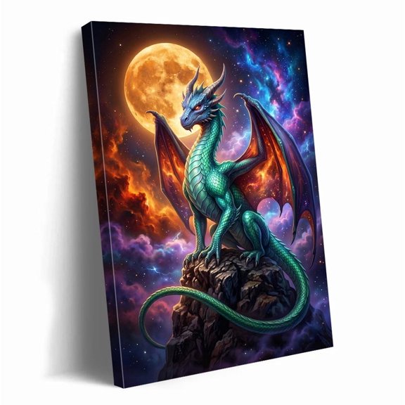 Vibrant Green Dragon Art Wall Art Full Moon Starry Cosmic Sky Fantasy Wall Decor Mystical Dragon Picture For Living Room Bedroom Home, Unframed Paper Print