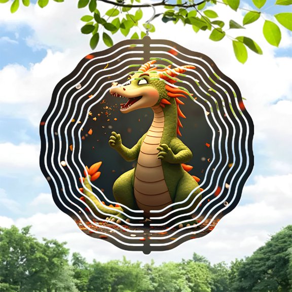 Vibrant Green Dragon Metal Wind Spinner & Chime - Playful Sound Wave Design for Yard & Garden Decor Cheerful & Dynamic
