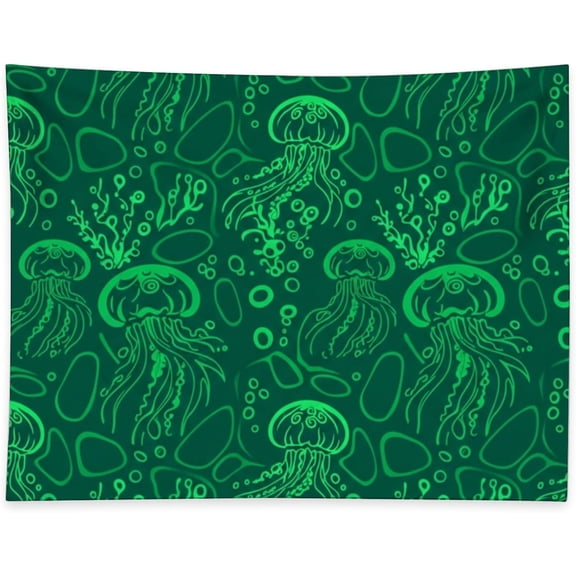 Vibrant Green Jellyfish Art Tapestry Underwater Ocean Life Art for Beachy Coastal Wall Hanging Hippie Decor Bohemian Art Boho Aesthetic Tapestry for Bedroom Dorm Living Room Decor 40 x 30 Inch
