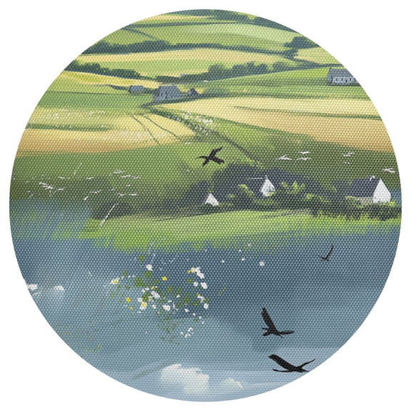 Vibrant Green Landscape 15.4in Diameter PVC Plate Mat, Heat-Resistant and Cuttable, Kitchen Decor