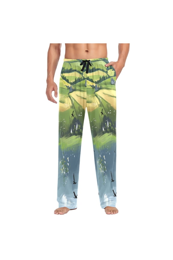 Vibrant Green Landscape Mens Cotton Pajama Pants Long Staple Lightweight Sleep Bottoms with Pockets Breathable