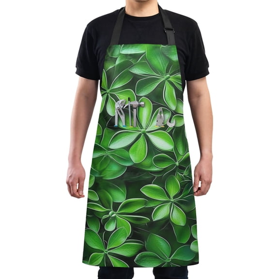 Vibrant Green Leaves Chef Kitchen Apron with Pockets for Women Waterproof Aprons for Cooking Baking