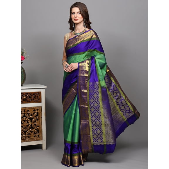 Vibrant-Green Pure Silk Saree from Bangalore with Golden Thread woven Contrast Wide Border