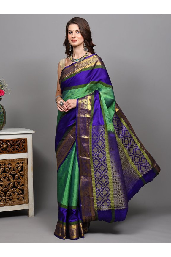 Vibrant-Green Pure Silk Saree from Bangalore with Golden Thread woven Contrast Wide Border