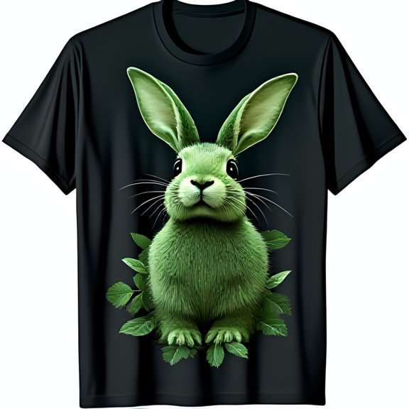 Vibrant Green Rabbit Graphic on Black T-Shirt Soft Textured Design with Intricate Foliage
