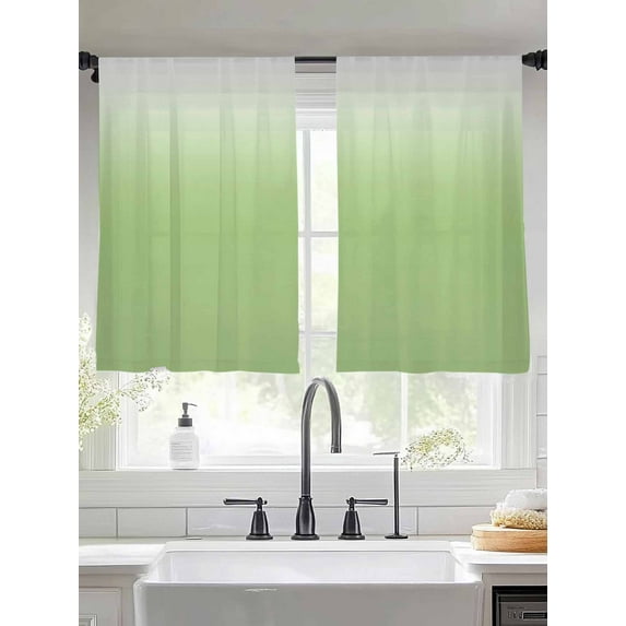 Vibrant Green Sheer Curtains 45 inches Long 2 Panels Set and White Gradient Tiers Sheers Rod Pocket Small Window Short Curtains for Kitchen Cafe, Each 52" W x 45" L