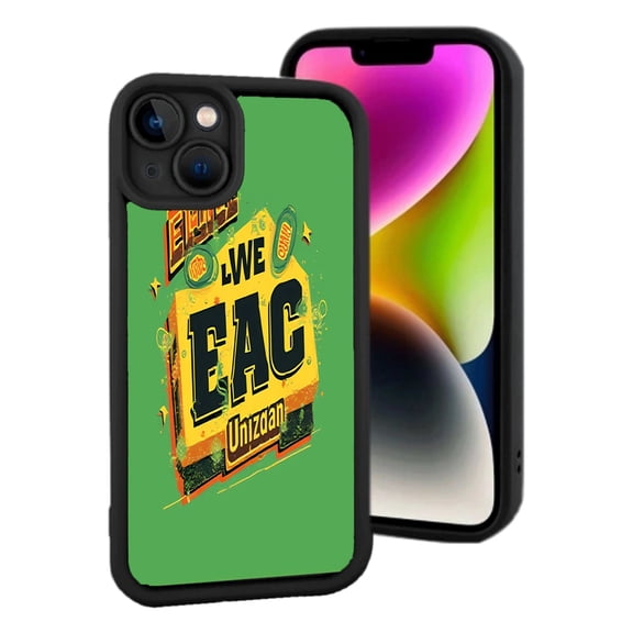 Vibrant Green iPhone 15 Case with Bold ' E B R E E A C E ' Text Stars & Geometric Shapes - Lightweight & Yellowing Resistant