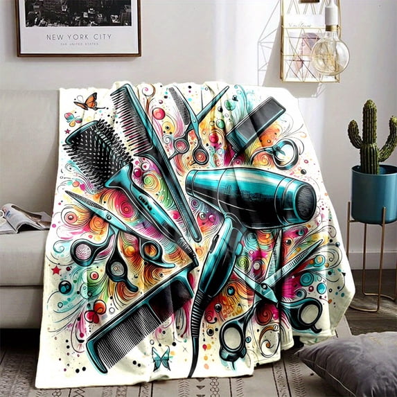 Vibrant Hairdressing Tools Print Flannel Throw Blanket Soft Cozy Design with Scissors Combs Hair Dryer Artwork Gift for Home Office or Travel Throw Blanket Contemporary Blanket Durability