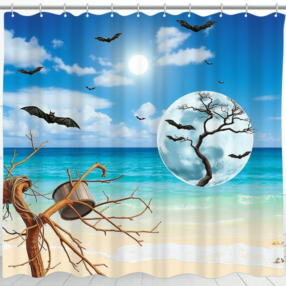 Vibrant Halloween Beach Shower Curtain - Moonlit Scene with Bats & Dead Tree - Coastal Decor