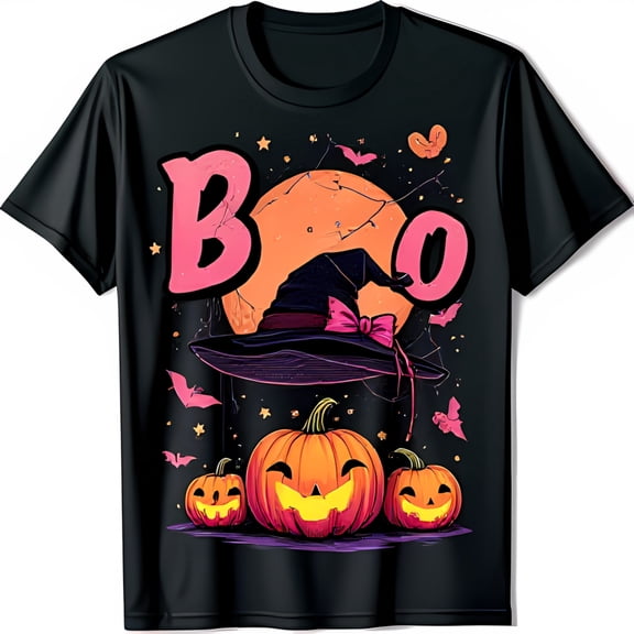 Vibrant Halloween Black T-Shirt with Witch Hat Moon & Cute Pumpkins Graphic