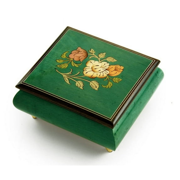 Vibrant Handcrafted Forest Green Floral Wood Inlay Musical Jewelry Box - Torna A Sorrento (Return to Sorrento)