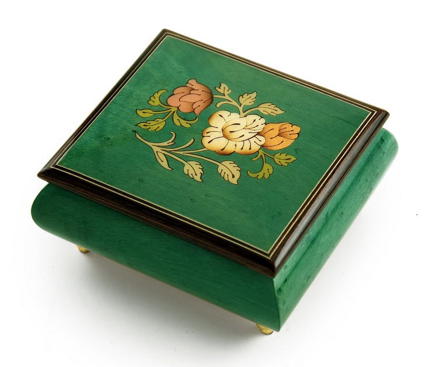 Vibrant Handcrafted Forest Green Floral Wood Inlay Musical Jewelry Box - Yesterday