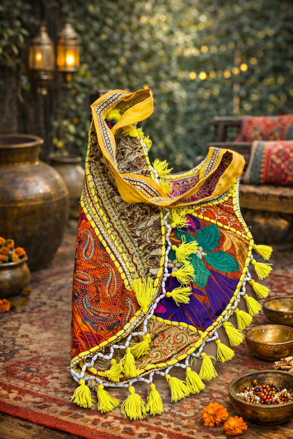 Vibrant Handmade Bohemian Patchwork Tote Bag with Yellow Tassels, Ethnic Embroidery, Colorful Fabric Panels, Artisan Festival Style Shoulder Bag