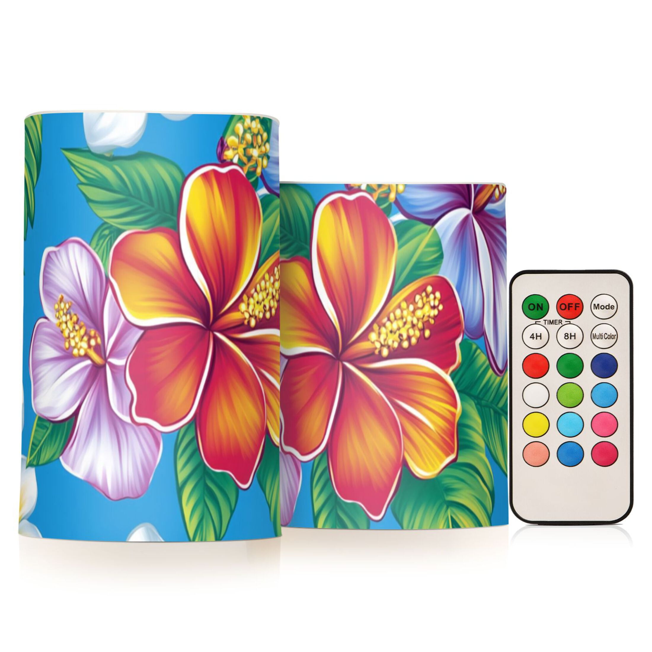 Vibrant Hawaiian Florals Flickering Flameless Candles LED Tealight Battery Operated with Remote Set of 2 Holiday Decor Ornaments