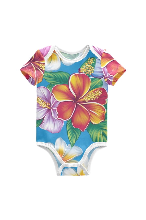 Vibrant Hawaiian Florals Pure Cotton Bodysuit Short Sleeve Pajamas One-Piece Romper Unisex 3 Months
