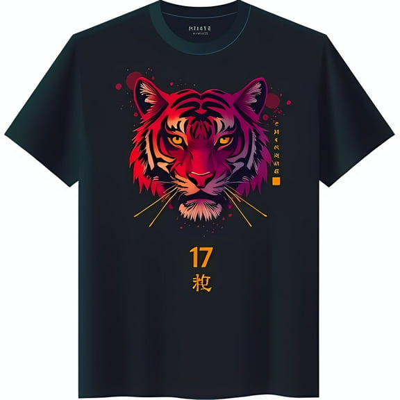 Vibrant Head Graphic Black T-Shirt with '17' and '虎' Short Sleeve Neck
