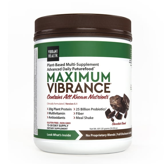 Vibrant Health, Maximum Vibrance, Plant-Based Meal Replacement Rich with Vitamins, Minerals, Antioxidants, and Protein, Gluten Free, Vegetarian, Non-GMO, Chocolate Chunk, 15 Servings