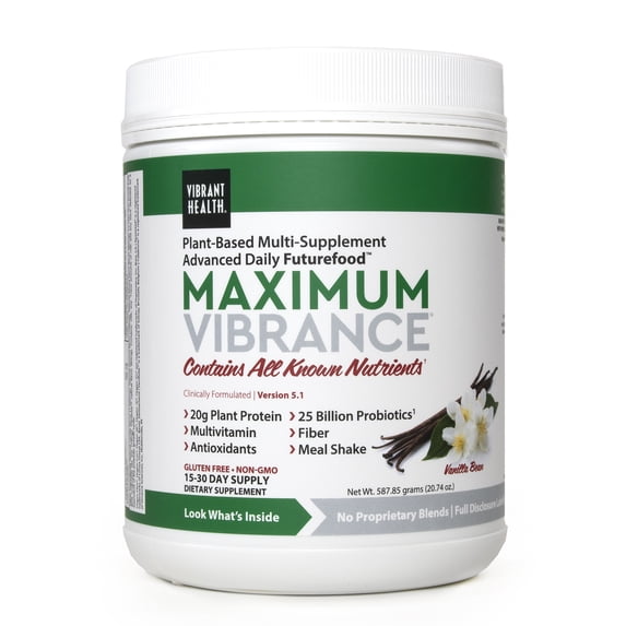 Vibrant Health, Maximum Vibrance, Plant-Based Meal Replacement Rich with Vitamins, Minerals, Antioxidants, and Protein, Gluten Free, Vegetarian, Non-GMO, Vanilla Bean, 15 Servings