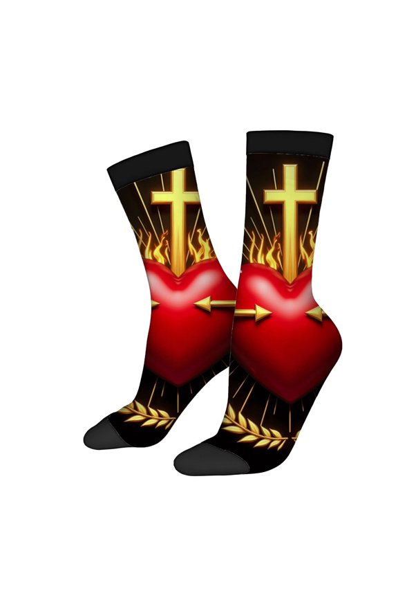 Vibrant Heart & Arrow Design Socks - 2 Pairs of Unisex Trendy Mixed Color Socks with Radiant Flames & Golden Accents