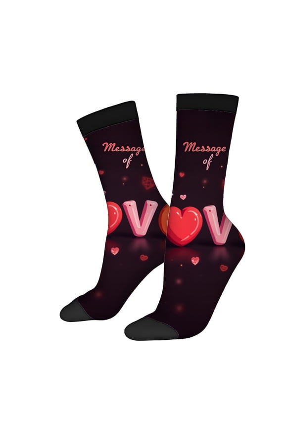 Vibrant Heart Design Socks - 2 Pairs of Unisex Trendy Socks with ' Message of ' Cursive 3D Pink Heart & Colorful Accents