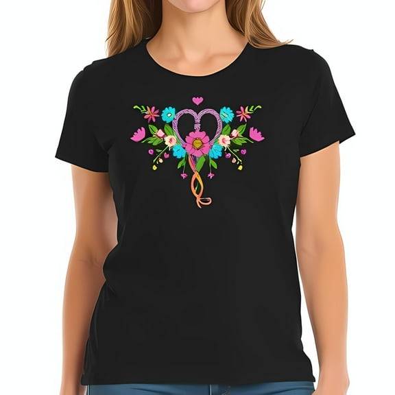 Vibrant Heart & Floral Design Cotton Short Sleeve T-Shirt - Whimsical Colorful Casual Wear