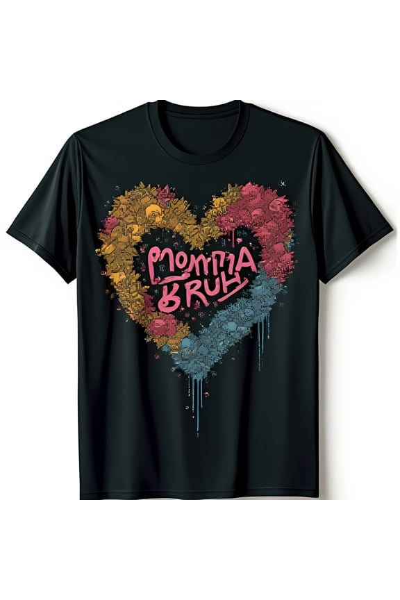 Vibrant Heart Graphic Black T-Shirt with Dripping & Momma Bruh Design