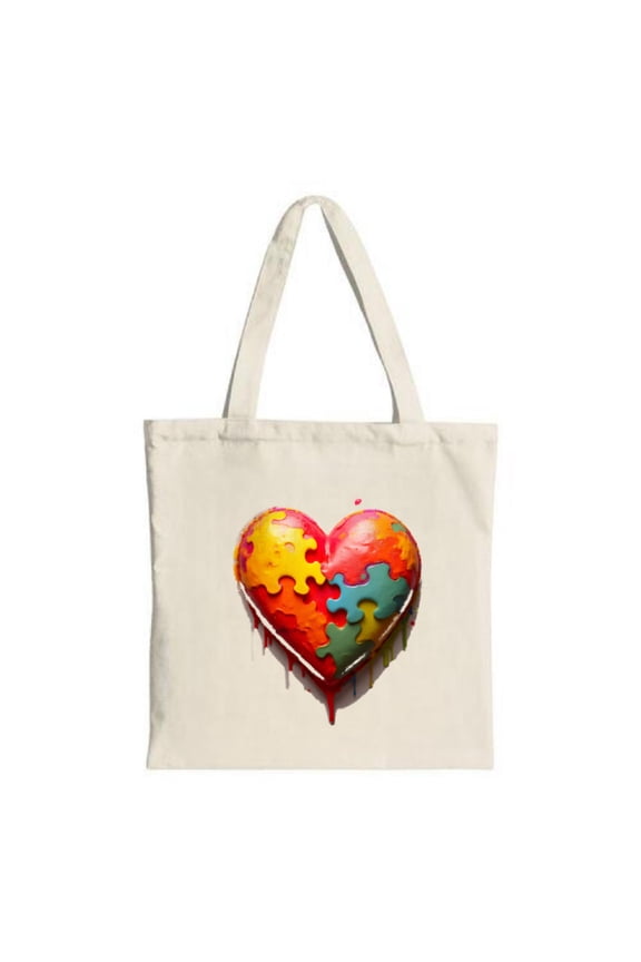 Vibrant Heart Puzzle Tote Bag - Colorful Melting Design on White Canvas Perfect for Shopping Travel & Parties
