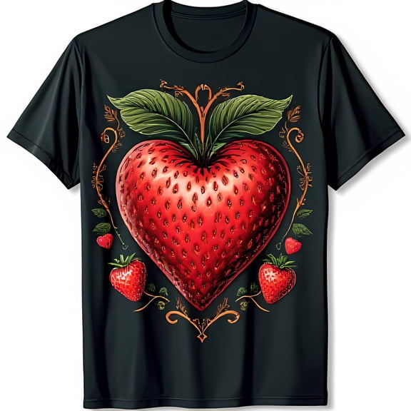 Vibrant Heart Shaped Strawberry Graphic Black T-Shirt for Unique Style