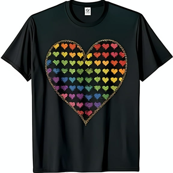 Vibrant Heart T-Shirt for Women Sparkly Black Tee with Colorful Tiny Hearts & Gold Outline